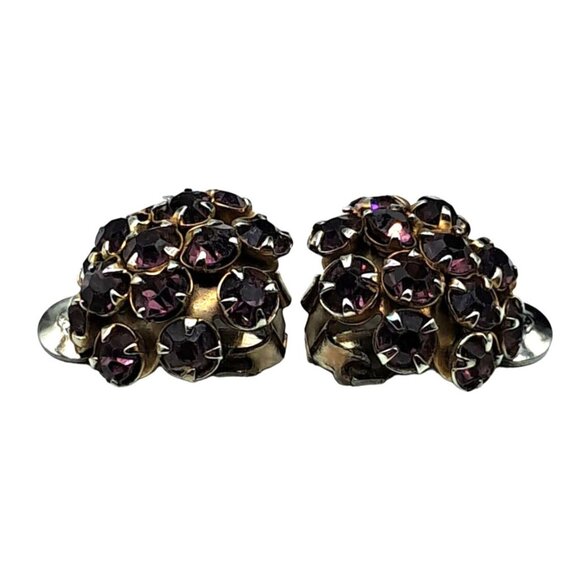 Vintage Purple Rhinestone Earr Gold-Tone Clip-On Earrings With Purple Rhinestone - Picture 5 of 8